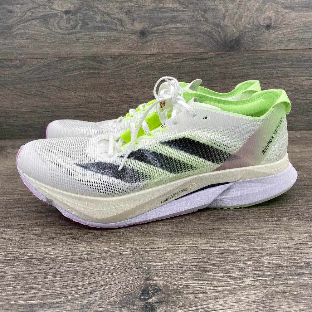 Adidas Adizero Boston 12 M Mens 10.5 White Lime Pink Running Shoes IG3321